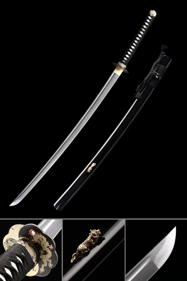 Manganese Steel Katana with Gold Dragon Tsuba in Black Lacquer Saya - Black Cord Handle