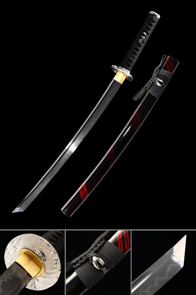 T10 Carbon Steel Katana with Real Hamon in Black Lacquer Saya with Red Lightning Stripe Design