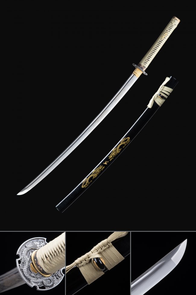 Dragon Katana in High Manganese Steel with Black Lacquer Saya and Silver Dragon Tsuba