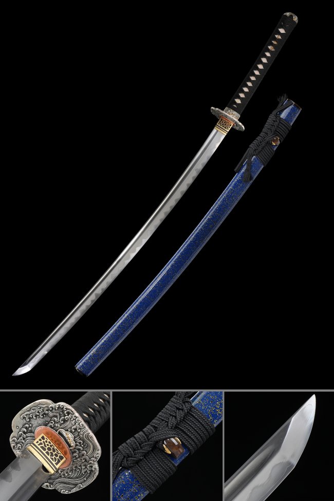 Damascus Steel Katana with Blue Lacquer Saya - Wave Tsuba, Black Cord Handle, Hamon Blade