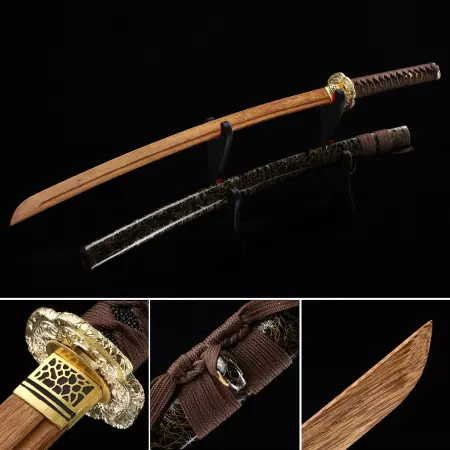 Handmade Wooden Katana Sword With Brown Blade And Black Scabbard