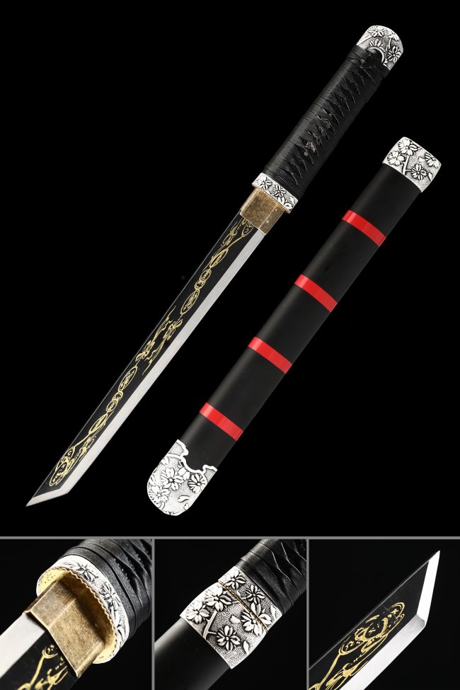 High Manganese Steel Hamidashi Tanto with Black Saya - Gold Engraved Blade, Silver Floral Tsuba