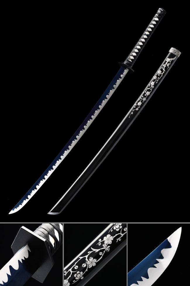 Full Tang Katana Manganese Steel Blue Blade with Black Cherry Blossom Saya and White Ito