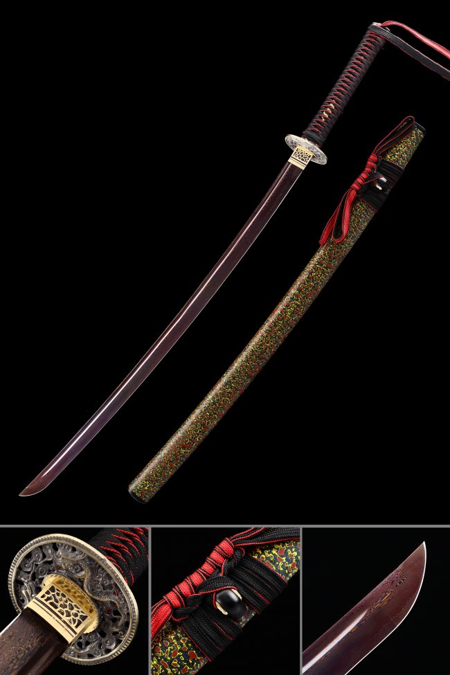 Damascus Steel Katana with Dragon Tsuba in Dark Red Blade & Multi-Color Lacquer Saya