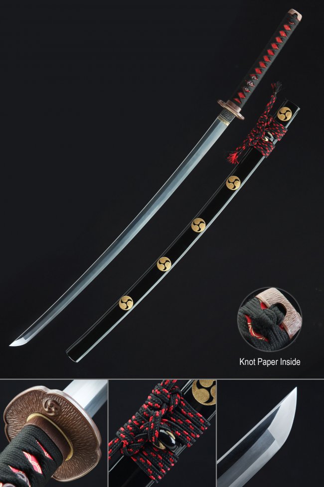 Geometric Tsuba T10 Carbon Steel Katana, Handmade, Black Saya & Black Red Tsuka