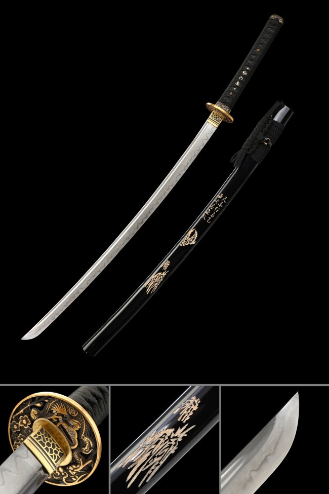 T10 Carbon Steel Katana with Clay-Tempered Hamon Blade - Black Saya Dragon Tsuba