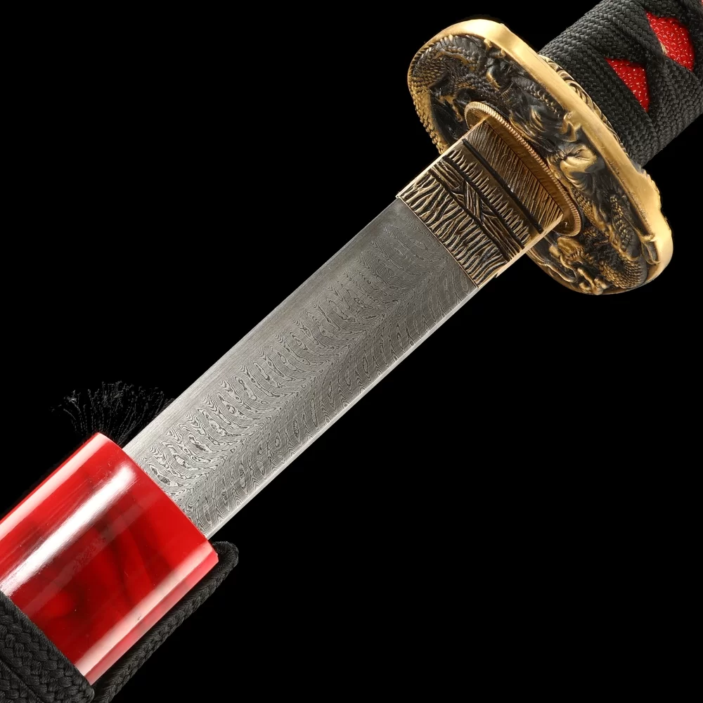 Samurai Sword | Damascus Steel Katana with Red Dragon Lacquer Saya