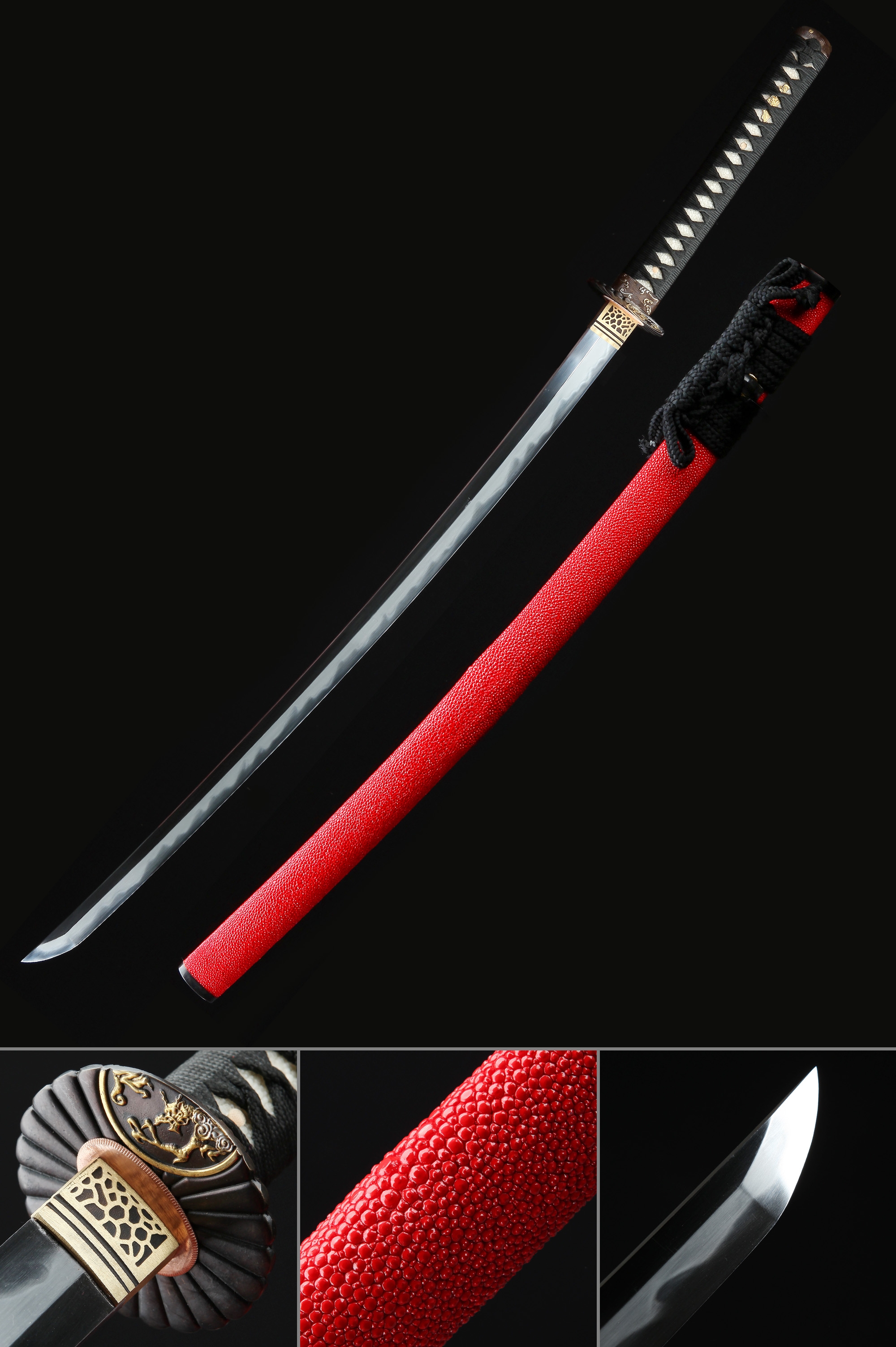 Katana Violet  Acier à Motif Katana Japonais Fait à La Main Avec Lame  Rouge Et Tsuba Dorée - TrueKatana