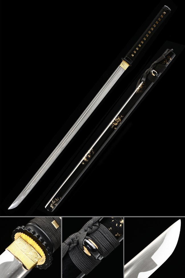 Geometric Tsuba 1045 Carbon Steel Ninjato, Full Tang, Black Gold Flower Saya & Black Gold Tsuka