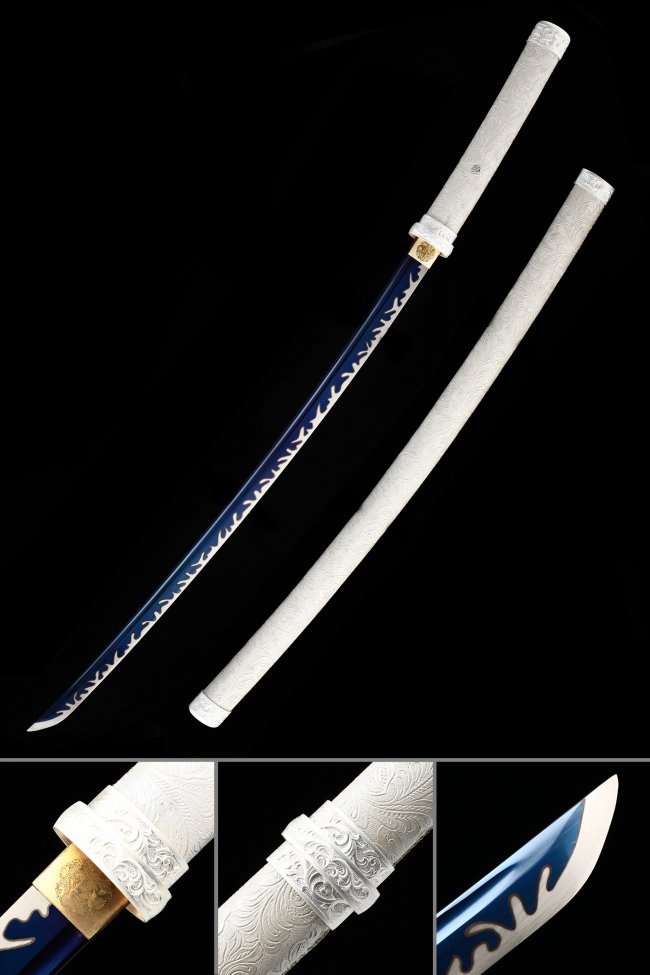Ornate Scroll Tsuba Manganese Steel Katana, Full Tang, Handmade & White Vine Saya
