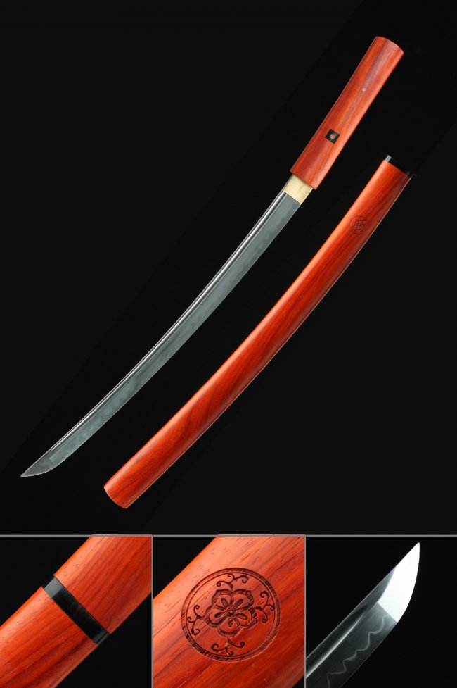T10 Steel Clay Tempered Shirasaya Wakizashi with Real Hamon in Rosewood Saya - Red Hardwood Handle