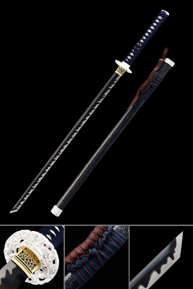 Manganese Steel Black Blade Straight Sword with Dragon Tsuba - Dark Blue Ito, Lacquer Saya