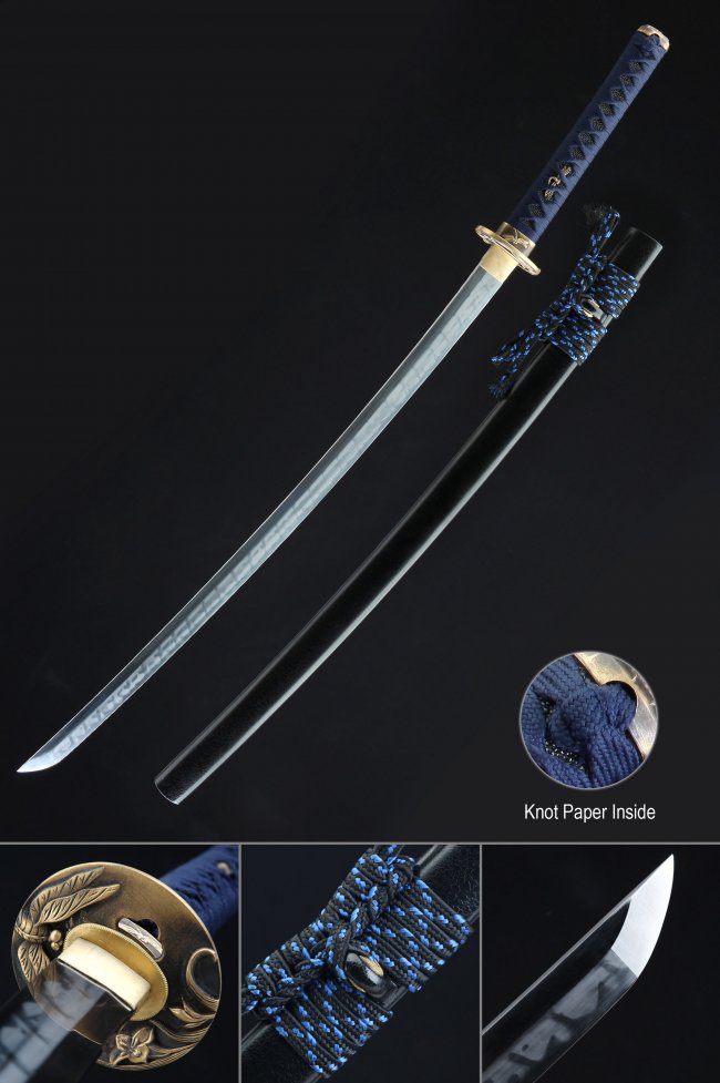 T10 Folded Steel Katana with Real Hamon - Dark Blue Ito, Bronze Flower Tsuba, Black Lacquer Saya