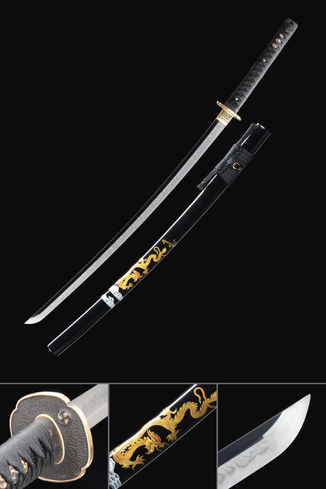 Ornate Scroll Tsuba T10 Carbon Steel Katana, Real Hamon, Handcrafted & Black Dragon Saya