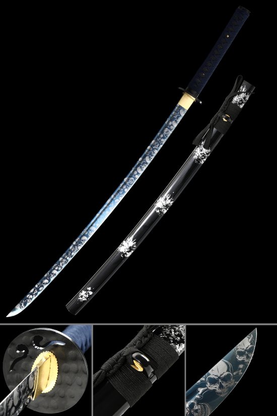 Blue Blade Skull Katana in 1065 Carbon Steel with Black Lacquer Saya and Dark Blue Ito