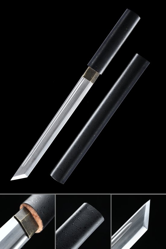 1095 Carbon Steel Tanto with Black Hardwood Saya - Full Tang, Minimalist Shirasaya Style