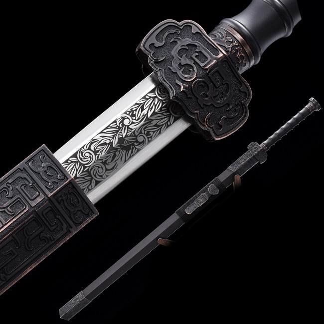 Han Dynasty Jian - Manganese Steel Etched Blade Chinese Sword With Ornate Ebony Scabbard 42 Inches