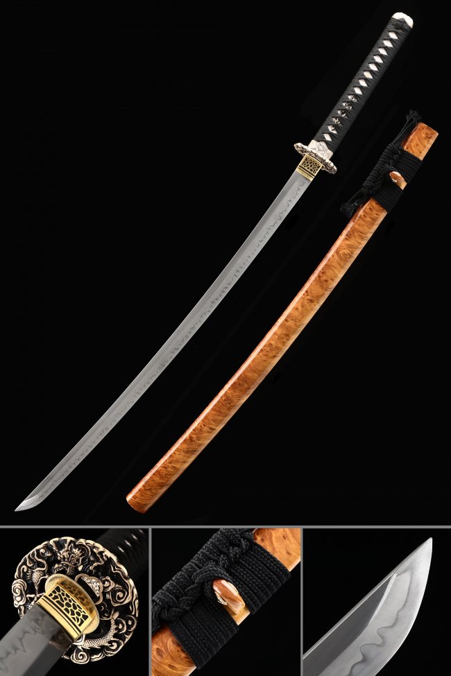 T10 Folded Clay Tempered Katana with Real Hamon in Burl Wood Orange Saya - Dragon Tsuba Collectible Sword