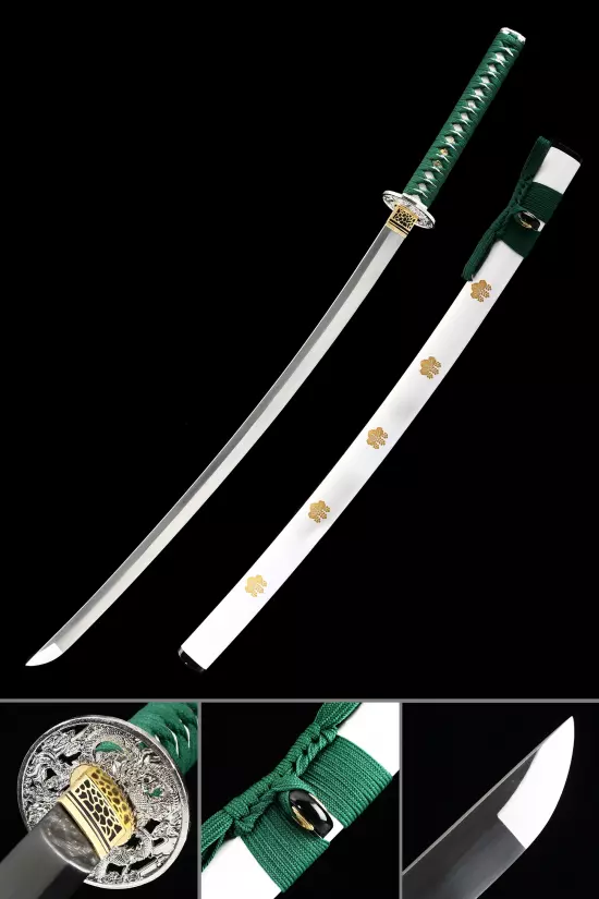 Handmade Japanese Kanata Sword With White Scabbard And Green Handle