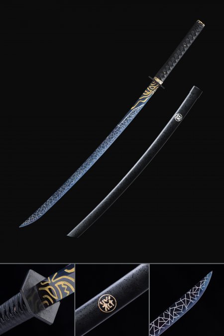 Handmade Japanese Katana Sword High Manganese Steel With Blue Blade And Black Scabbard