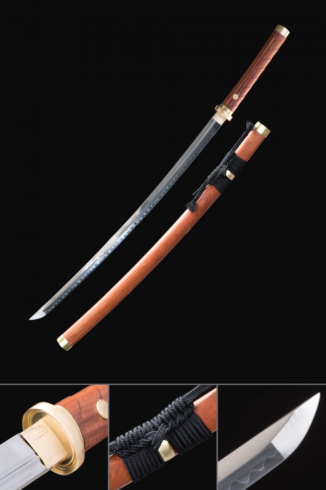 Round Plain Tsuba T10 Carbon Steel Katana, Real Hamon, Hand Forged & Brown Saya