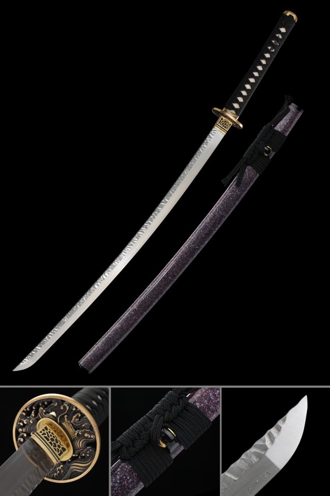Damascus Steel Katana with Wave Tsuba, Purple Marble Saya & Black Tsuka Wrap