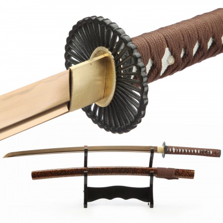 Handmade Japanese Sword T10 Folded Clay Tempered Steel With Golden Blade