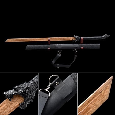Handmade Brown Wooden Straight Blade Unsharpened Ninjato Sword With Black Scabbard And Dragon Tsuba