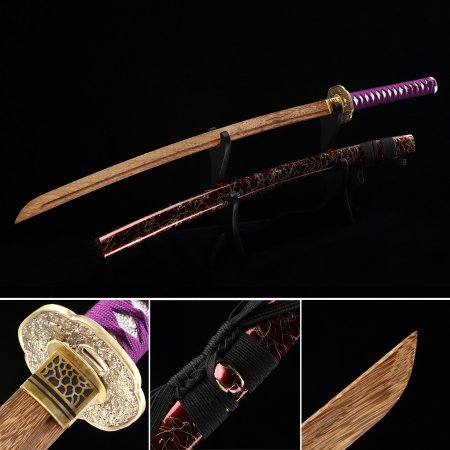 Handmade Japanese Wooden Unsharp Katana With Brown Blade And Dark Red Scabbard