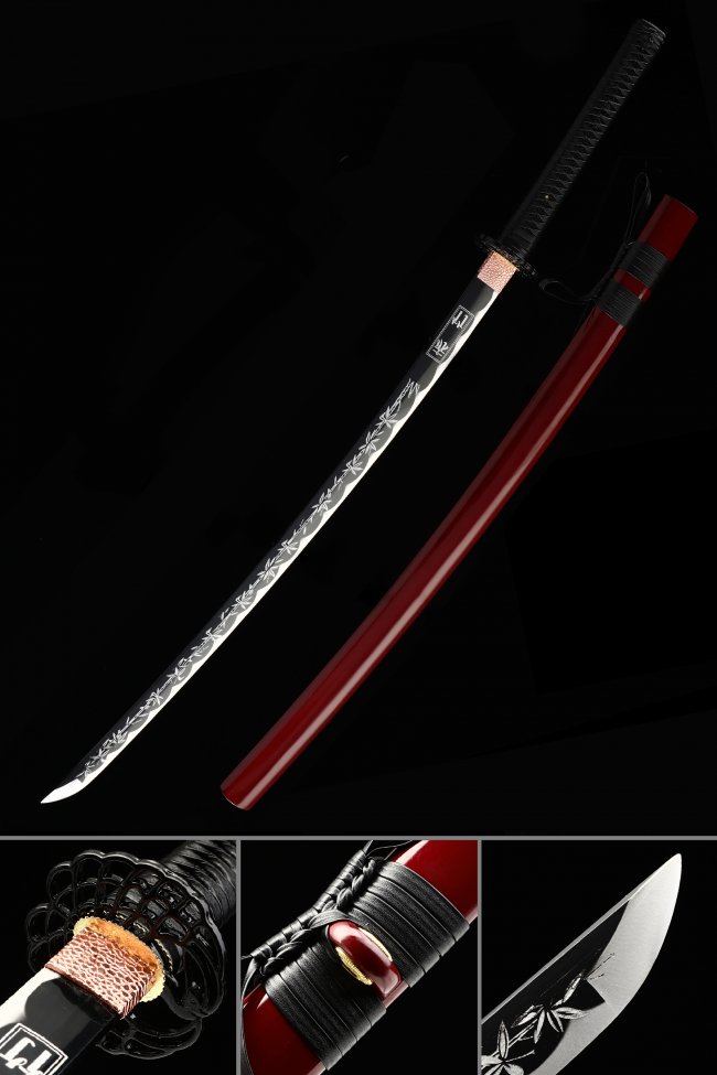 1045 Carbon Steel Katana with Maple Leaf Printed Blade and Dark Red Saya - Black Leather Wrap Samurai Sword