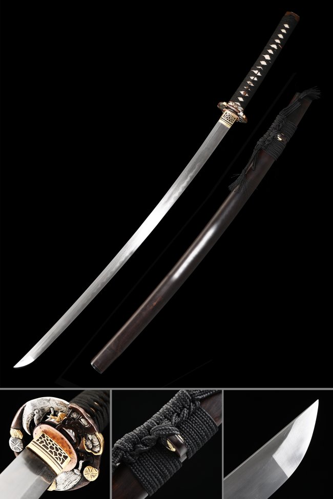 Damascus Steel Katana with Bronze Guan Yu Tsuba - Black Cord, Dark Red Hardwood Saya