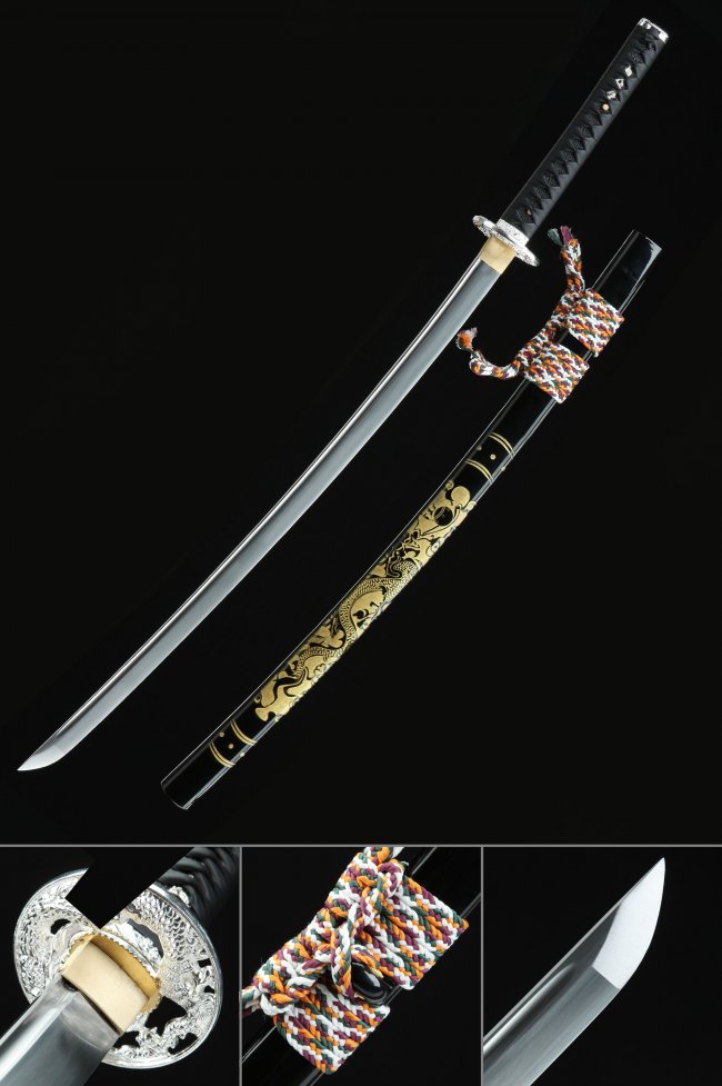 Manganese Steel Katana with Silver Dragon Tsuba in Black-Gold Dragon Saya - Full Tang