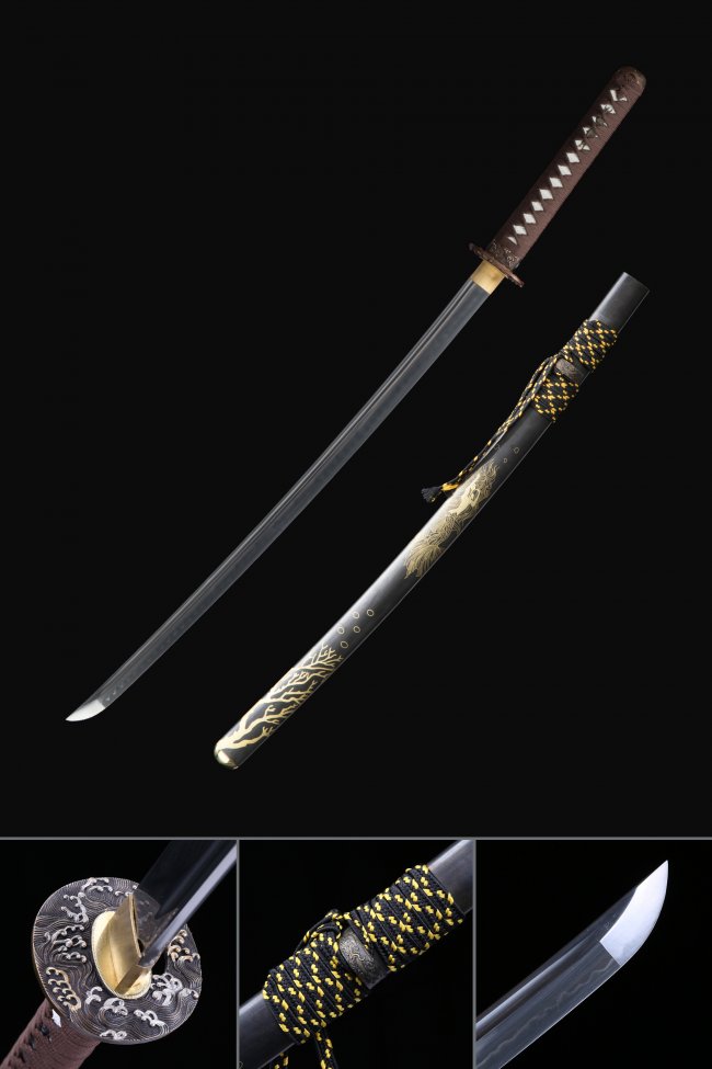 T10 Steel Katana with Real Hamon - Black Lacquer Saya, Wave Copper Tsuba, Brown Cord Handle