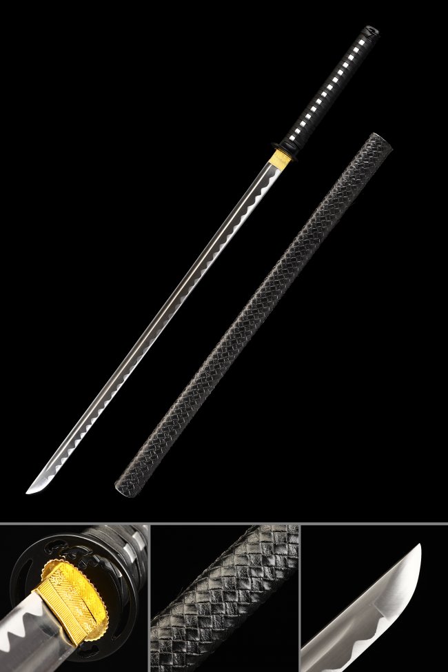 1060 Carbon Steel Straight Blade Katana with Black Leather Saya - Chrome Finish, Black-White Handle