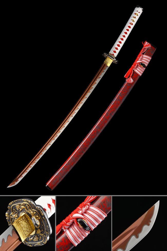 1045 Carbon Steel Katana with Brown Blade & Hamon, Red Dragon Lacquer Saya, White-Red Tsuka