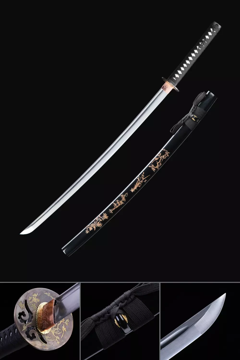  JIHPEN sword, Katana de espiga completa de 41 pulgadas, espada  samurai hecha a mano, 1060 1095 9260 T10 de acero al carbono alto, muy  afilada, negra pura, perfecta para practicidad y