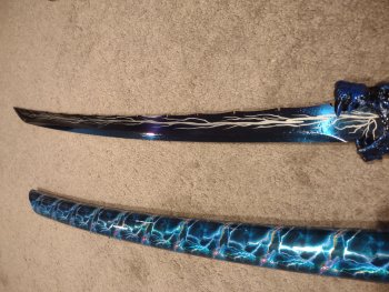 Handmade Japanese Katana Sword With Blue Lightning Blade And Leopard Tsuba