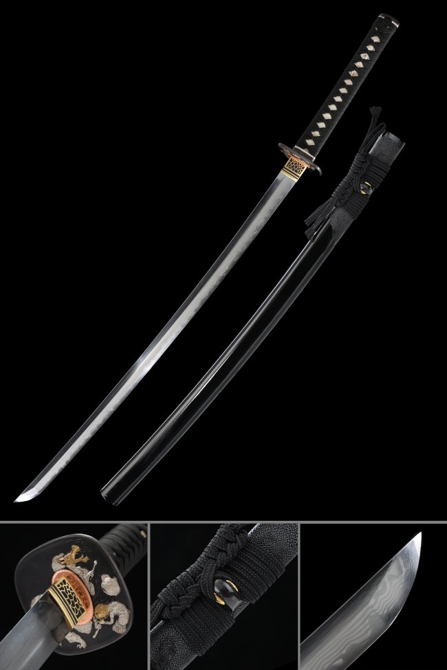 Melaleuca Steel Katana with Real Hamon in Black Hardwood Lacquer Saya - Gold-Black Ornate Scroll Tsuba