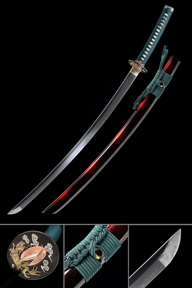 T10 Carbon Steel Katana with Hamon, Teal Ito & Dark Red Lacquer Saya - Phoenix Tsuba Collectible