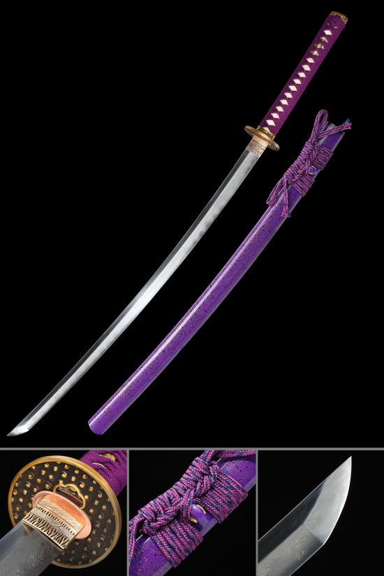 Purple Damascus Steel Katana with Real Hamon - Full Tang Blade, Gold Tsuba & Purple Lacquer Saya