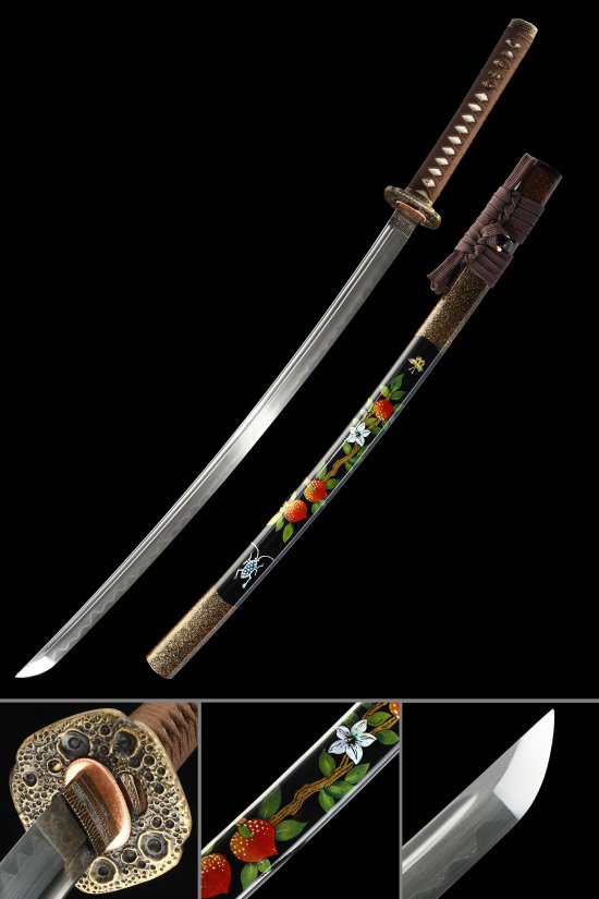 Full Tang Katana in Folded Melaleuca Steel with Hand-Painted Strawberry Blossom Black Saya