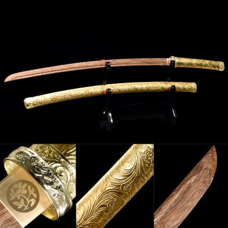 Handmade Practice Samurai Wooden Blade Unsharpened Katana Sword With Gold Scabbard