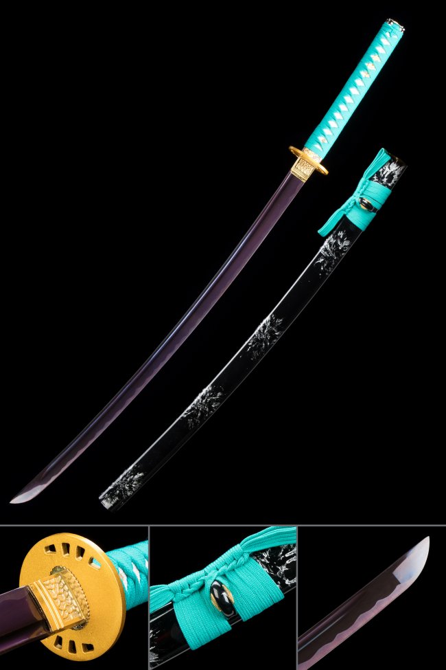 1045 Carbon Steel Katana with Purple Blade and Teal Ito - Full Tang Japanese Sword with Gold Alloy Tsuba