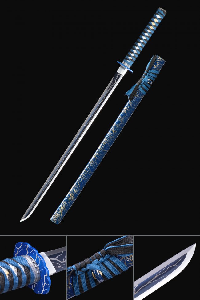 Manganese Steel Ninjato with Blue Lightning Saya and Hamon Blade - Full Tang Ninja Sword