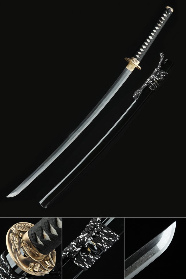 Damascus Steel Katana with Gold Flower Tsuba - Black Saya, Black-White Ito Wrap, Full Tang