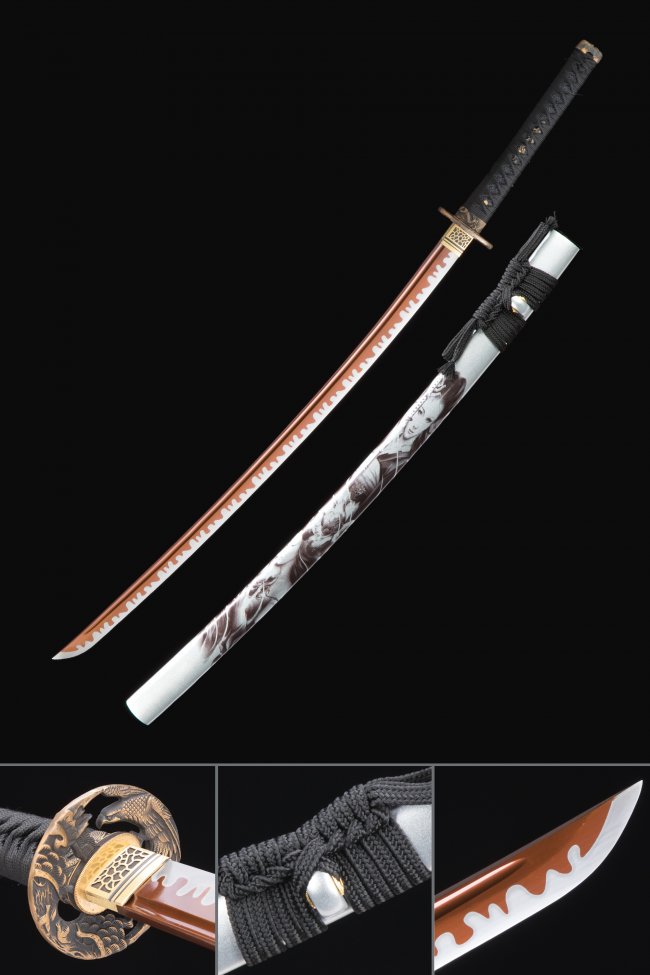 Red Blade Katana in Manganese Steel with White Geisha Saya - Gold Dragon Tsuba