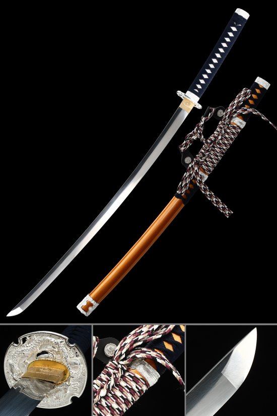 1095 Carbon Steel Tachi Sword with Dragon Tsuba - Orange Lacquer Saya & Dark Blue Handle