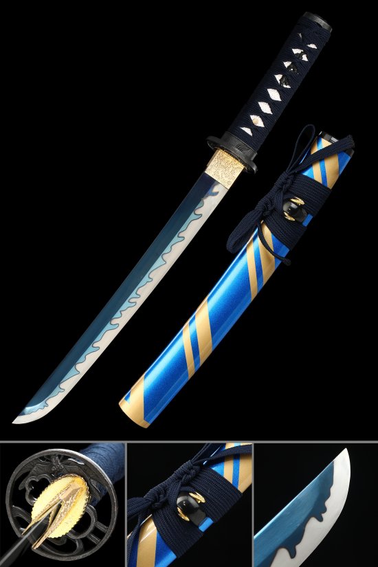 1095 Carbon Steel Tanto with Blue Blade - Black Ito, Real Rayskin & Blue-Gold Striped Hardwood Saya