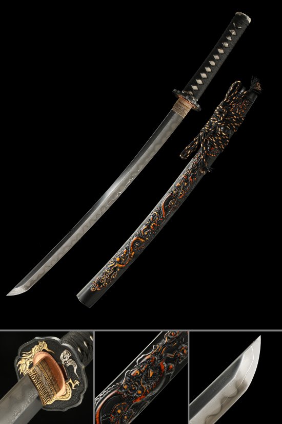 Damascus Steel Wakizashi with Dragon Saya in Black & Orange - Gold-Copper Dragon Tsuba