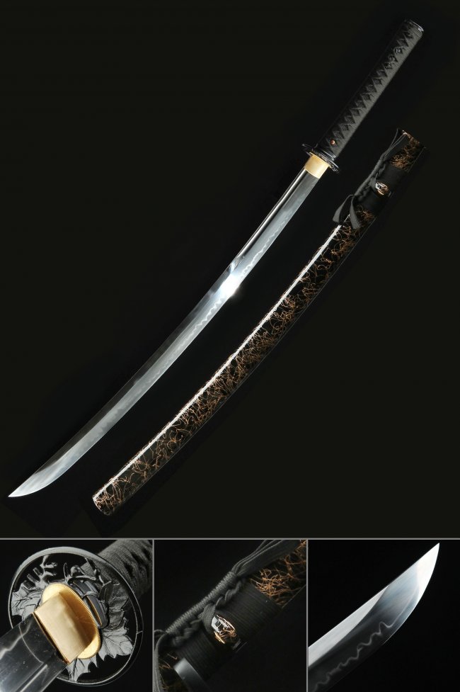 T10 Folded Clay Tempered Katana with Real Hamon - Black Ito Handle and Gold Silk Thread Saya